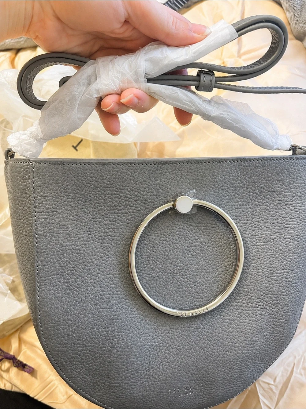Ted Baker Grey Genuine Leather Ring Handle Crossbody Bag NWT Silver Hardware